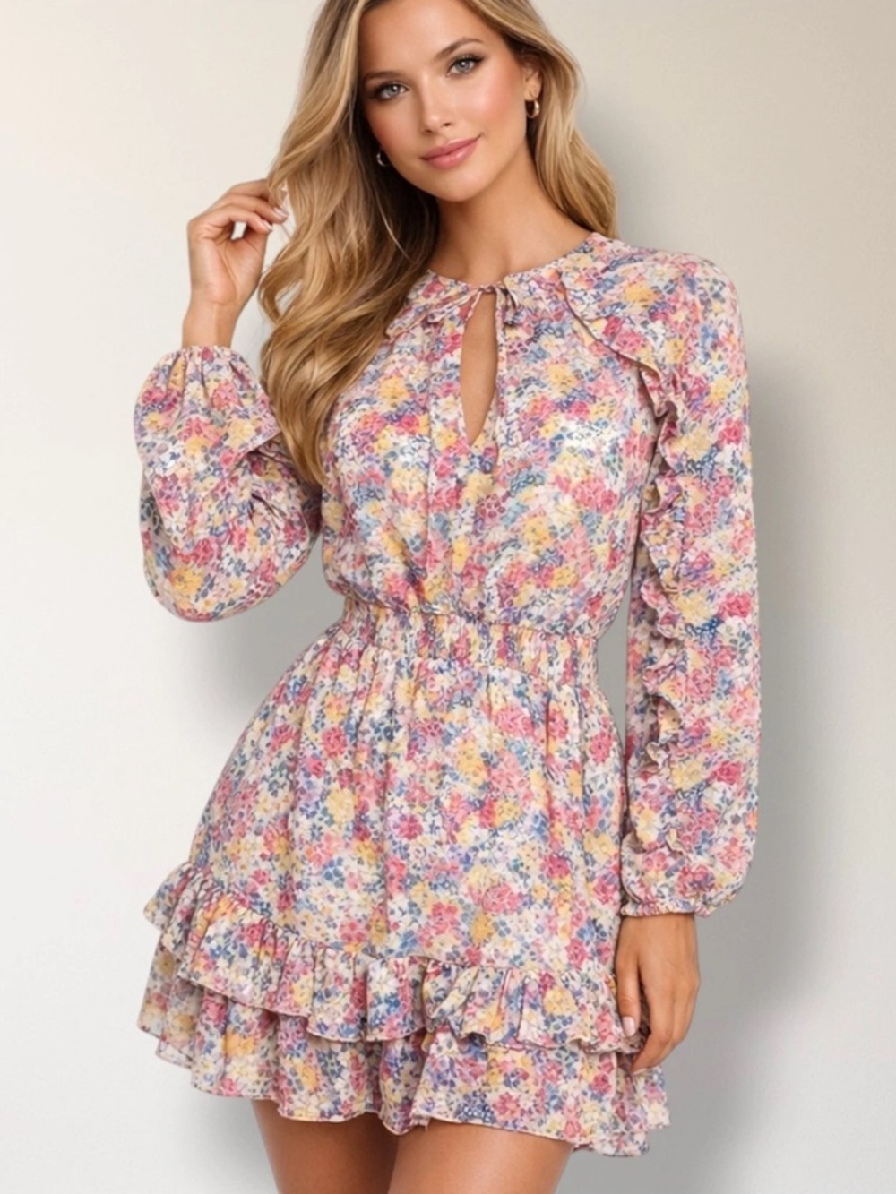 Zara Floral Ruffle Long-Sleeve Mini Dress